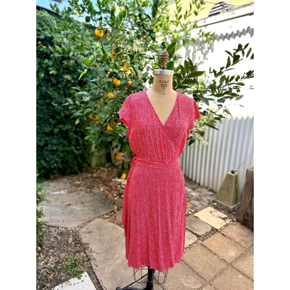 & Other Stories Red and White Floral Print Short Sleeve Midi Wrap Dress Size 10